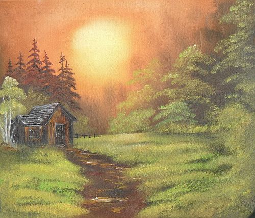 Handmalerei Hütte im Wald